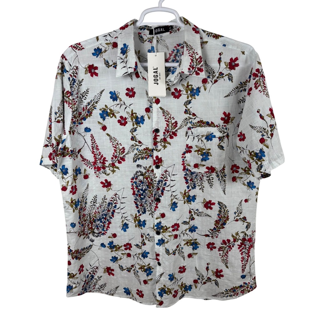 NWT Jogal Floral Button-Down Shirt Men's XL White Red Blue Short Sleeve Tropical